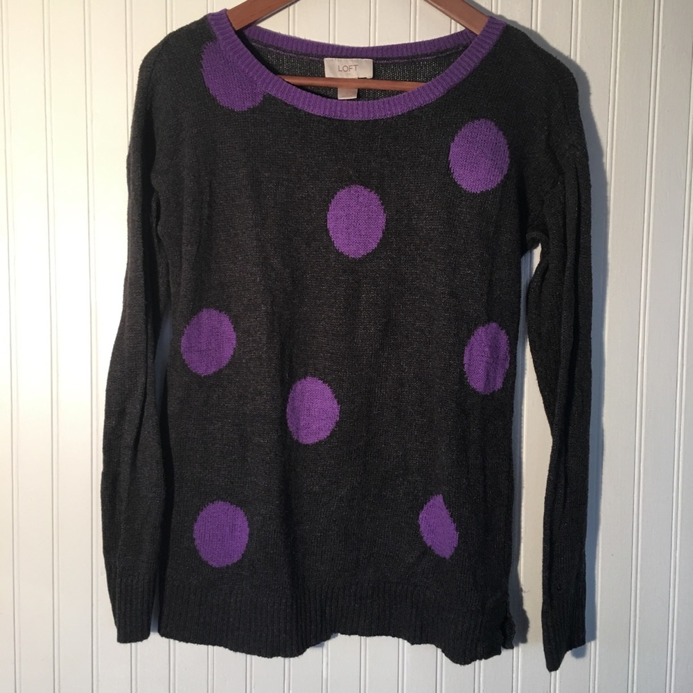 Ann Taylor Loft Cozy Gray and Purple Dot Sweater S
